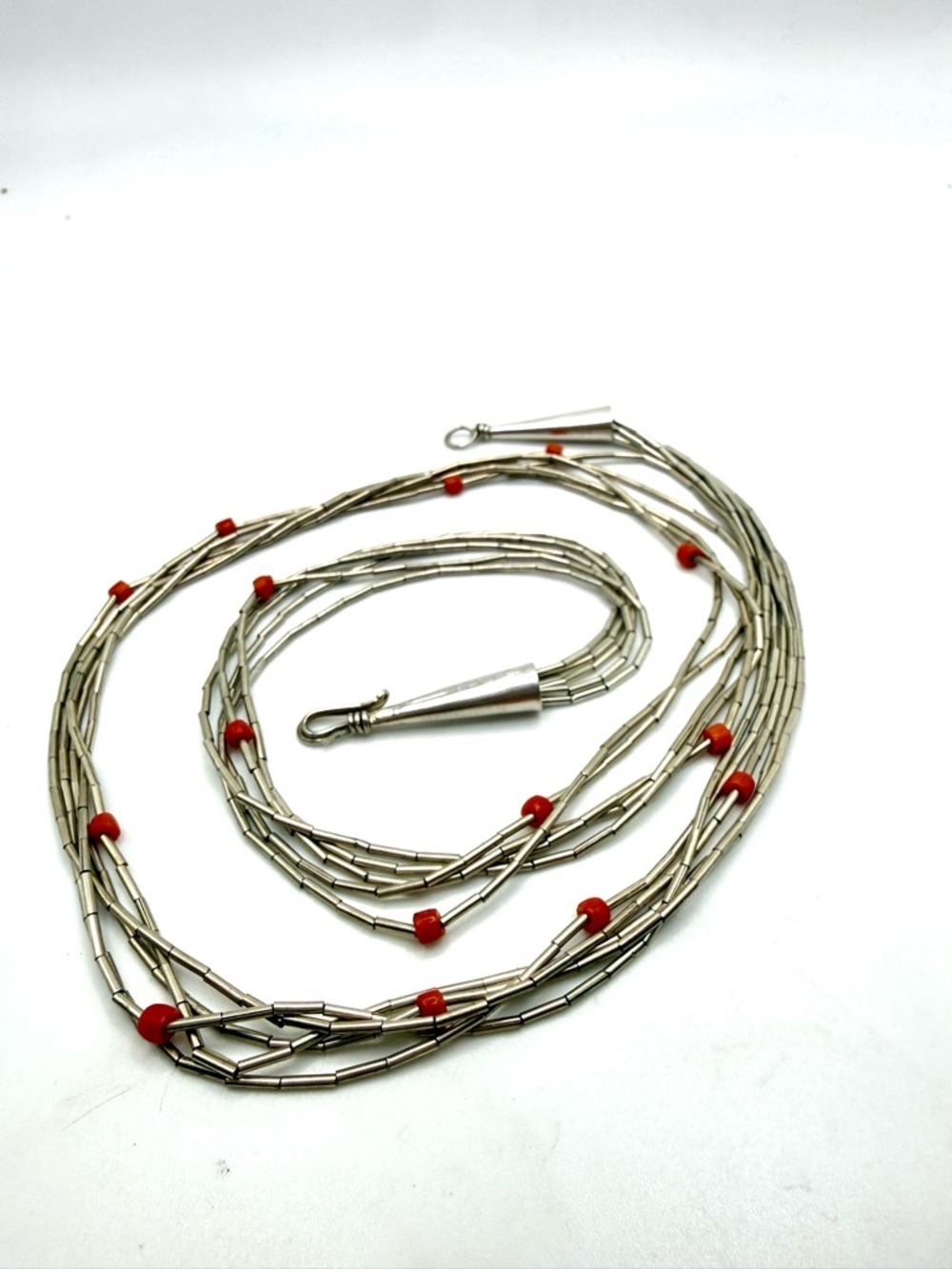 Vintage Navajo Liquid Silver Necklace 23.5” Coral Beads Multi Strand